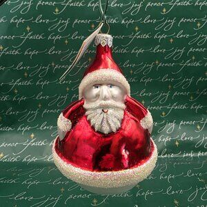 RADKO Santa Glass Christmas Ornament‎ Roly Poly Round Red White 4.5” W Tag